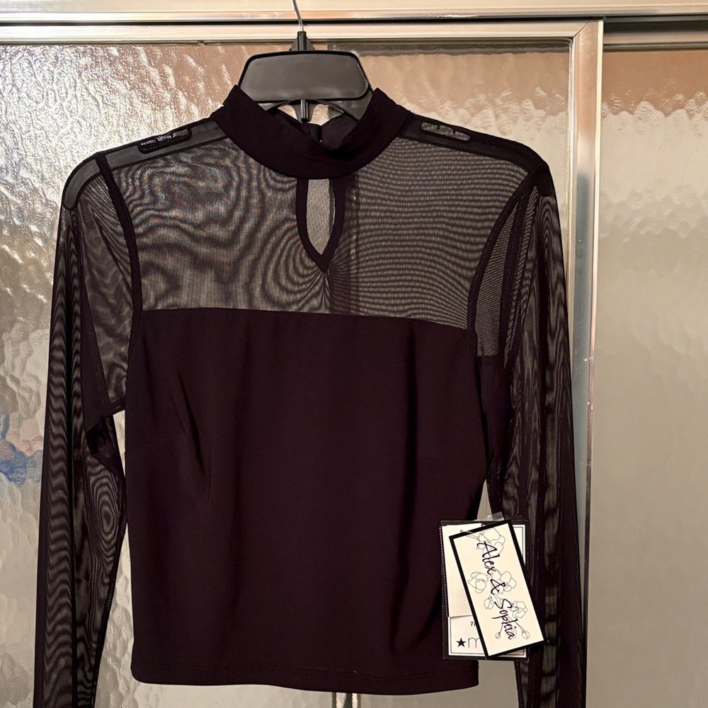 Ava & Sophia Black Sheer Mesh Yoke Long-Sleeve Top